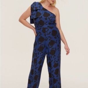 kate spade Blue and Black Floral One-Shoulder Jumpsuit